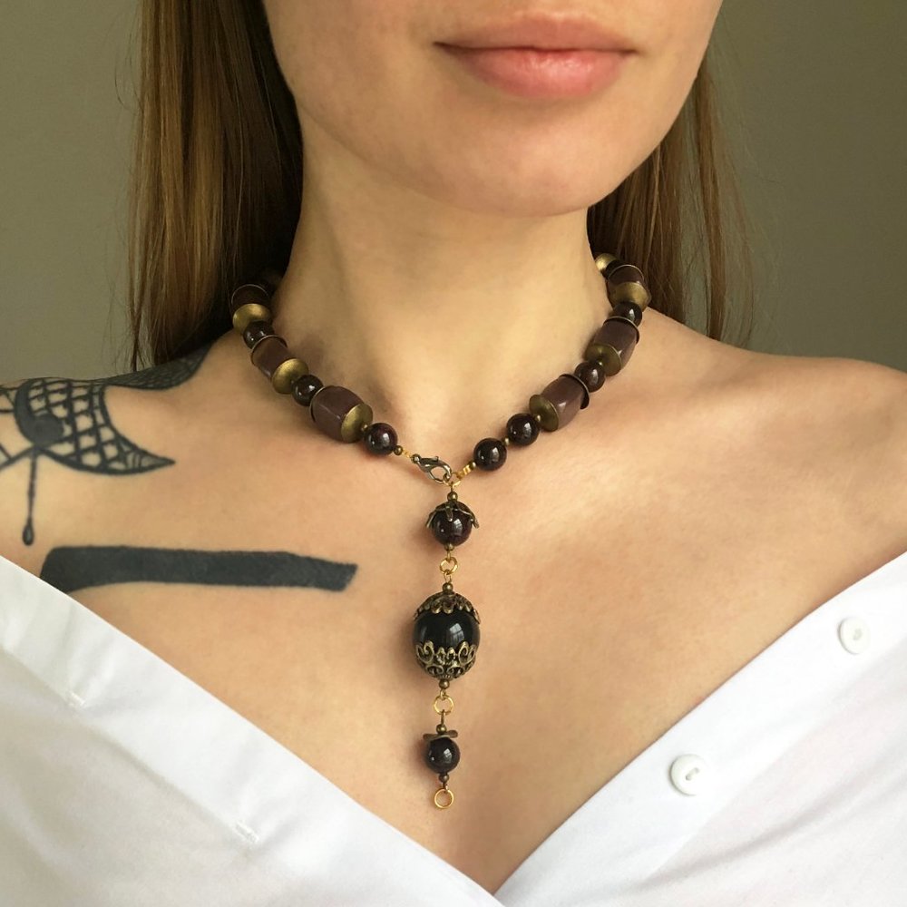 Black stone bead lariat necklace statement, accent chunky short necklace unique